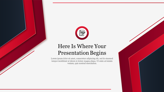 Slide with red and dark blue geometric shapes framing the central white text area with an icon.