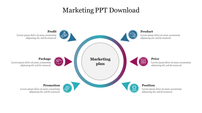 Circular gradient ring in the center with six labeled icons in blue and maroon triangles pointing inward.