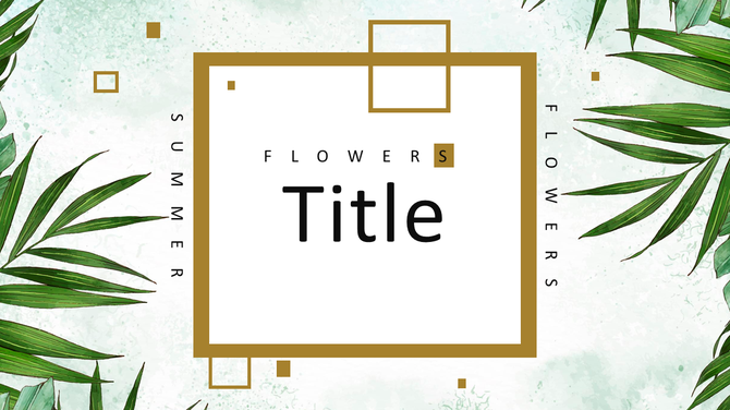 Elegant leaf-themed background slide, geometric gold accents, and a text surrounding a central title.