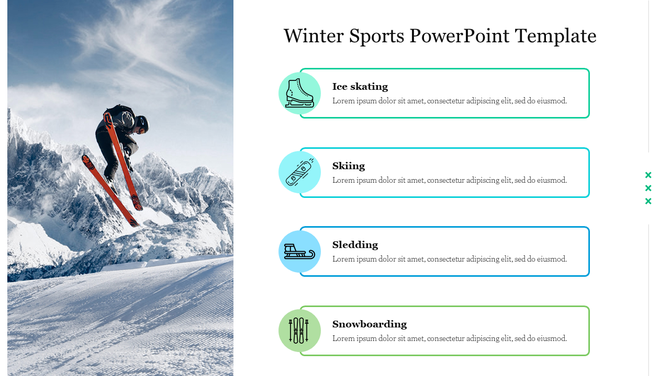 Winter sports template with a photo of a skier jumping and a list from ice skating up to snow boarding.
