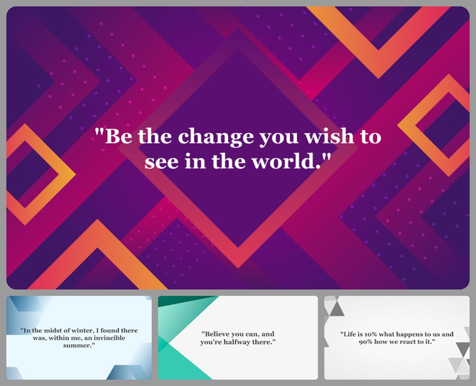 A colorful PowerPoint slides featuring a geometric purple and orange background with an inspirational quote.