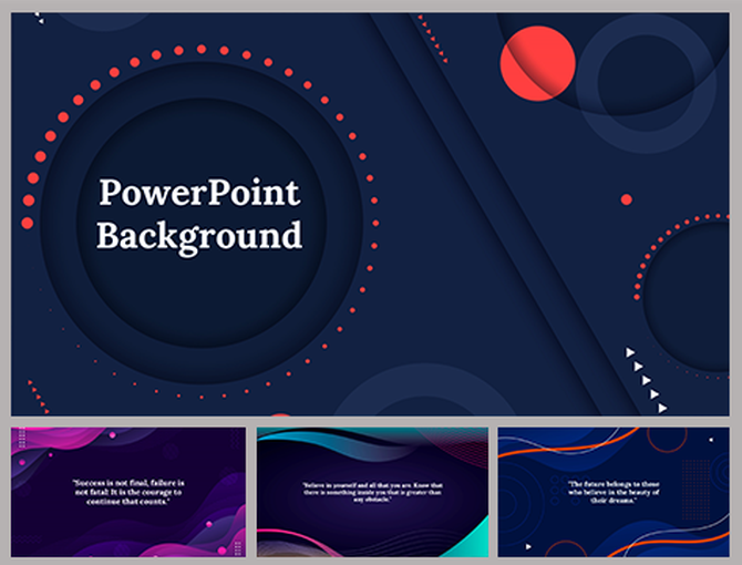 Set of abstract slide designs featuring dark blue backgrounds, circular motifs, and vibrant red details.