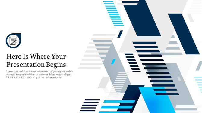 Minimalist and modern slide layout showing a writing symbol and title on the left, contrasted by layered abstract shapes.