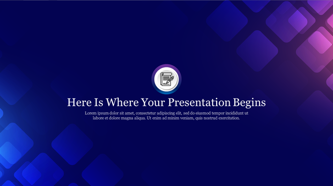 Blue and purple gradient background with glowing squares and center text featuring an icon of a document and pen.