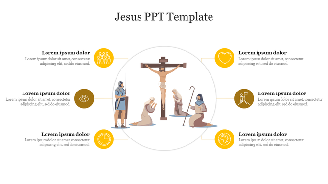 Jesus on the cross surrounded by worshippers in a circular infographic template with icons for heart, clock, and people.
