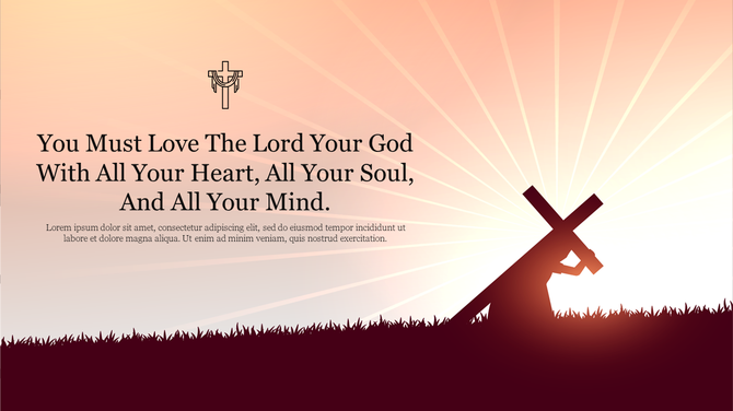 Christian PowerPoint background with a silhouette of Jesus carrying the cross and a radiant sunrise.