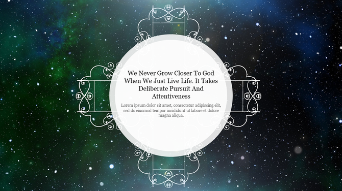 A beautiful starry background PPT slide with a motivational Christian quote in the center with placeholder text.
