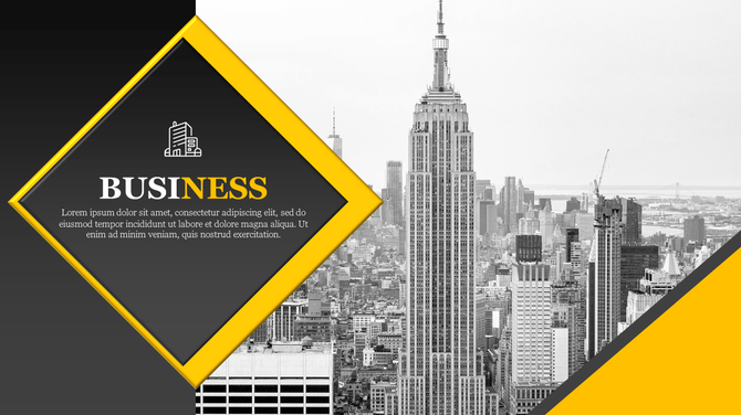 Urban business slide layout with a tall central building in black and white, and a yellow-accented diamond text box.
