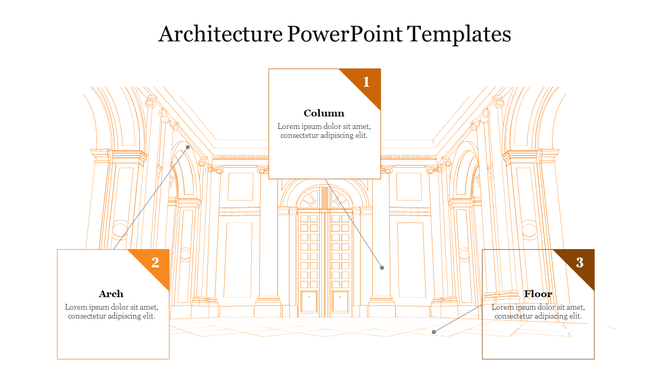 A drawing highlighting three architectural elements arch, column, and floor with a line drawing of a building.