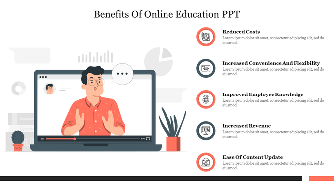 Slide displaying an online instructor alongside five benefits of online education with corresponding icons.