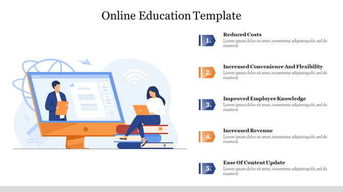 Online education template featuring a computer screen with a virtual classroom illustration, and five numbered captions.