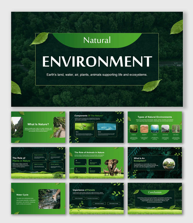 Natural environment-themed slide featuring a globe, renewable energy elements, and people in eco-friendly activities.