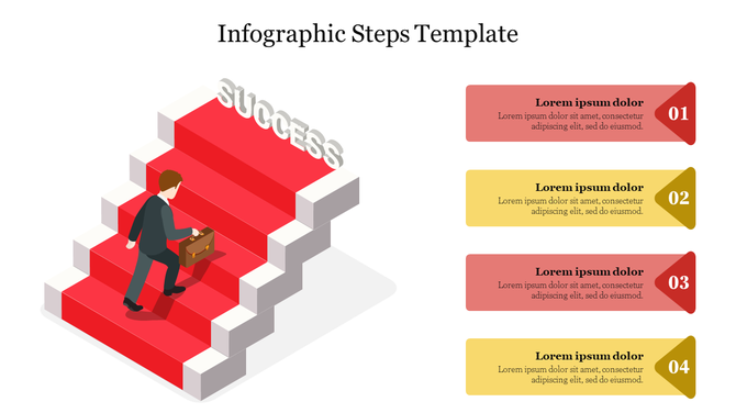 A colorful infographic with a figure walking up red stairs marked success complemented by numbered steps for the process.