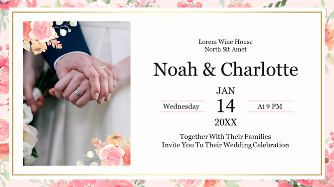 Floral-themed wedding invitation slide featuring a couple's hands and space for wedding details such as date and venue.