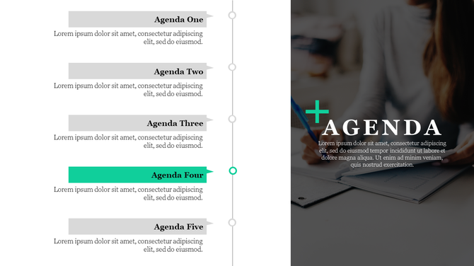 Agenda slide design with a vertical list of agenda points, highlighting the fourth agenda with a vibrant green color.