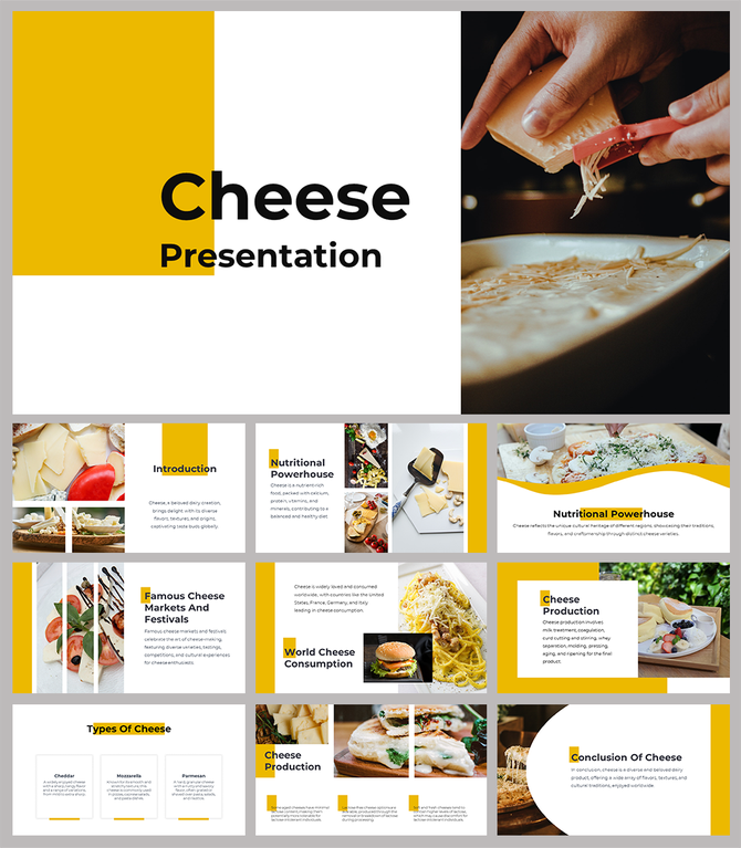 Cheese presentation slide deck with an image of cheese being grated and thumbnails of slides discussing cheese varieties.