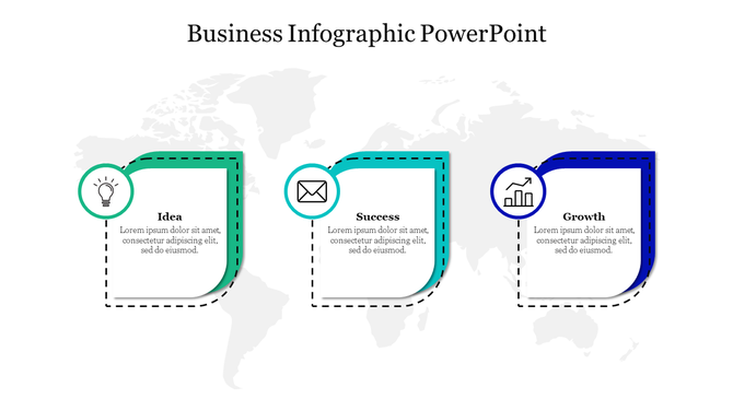 Business slide showing lightbulb, envelope, and chart icons with titles Idea, Success, and Growth in bordered callouts.