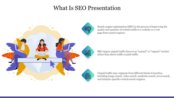 A laptop with a magnifying glass. The text explains SEO as a process to improve website traffic through search engines.