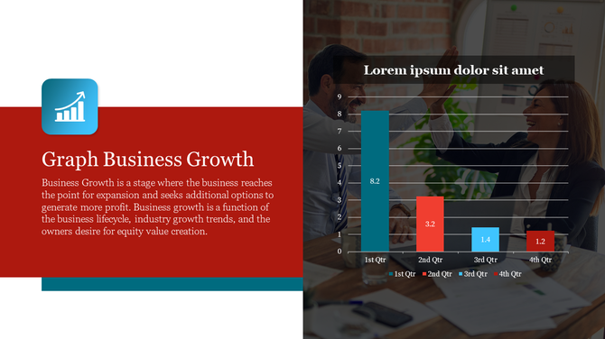 Business slide with infographic bar chart, red content block, and background photo of two professionals celebrating success.