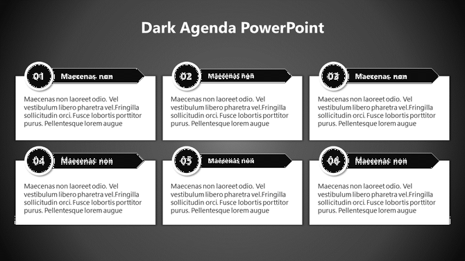Dark-themed slide featuring six agenda points, each in a black-bordered box with a circular number icon.