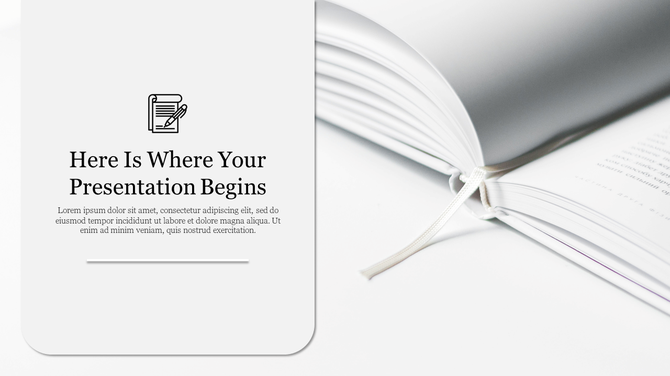 Open book with white ribbon on the right, with black text on the left, all set on a white backdrop.