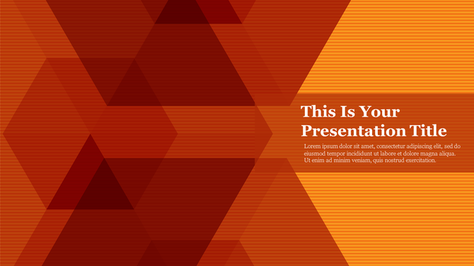 Abstract red and orange background with geometric overlapping shapes and lined texture, presentation title on the right.