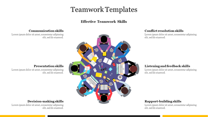 Teamwork skills template featuring a circular image of collaboration with Key skills highlighted each with a caption areas.