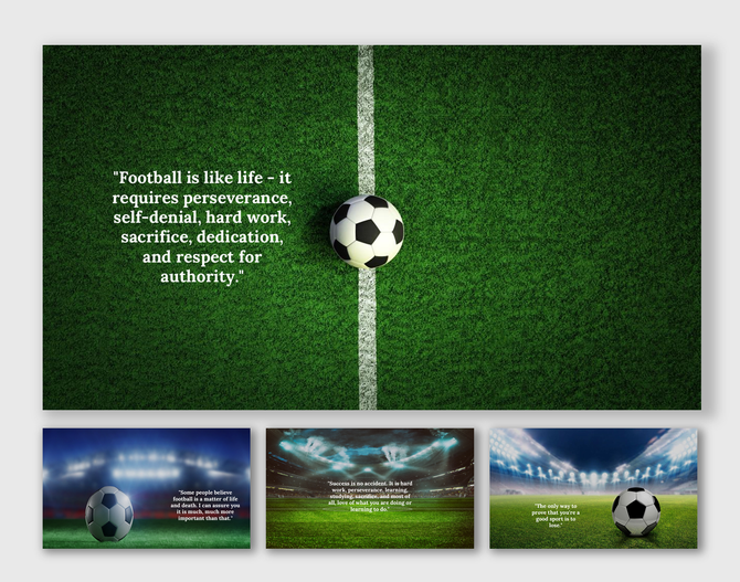 A pack of football background slides featuring a soccer ball on a green field with a motivational quote.
