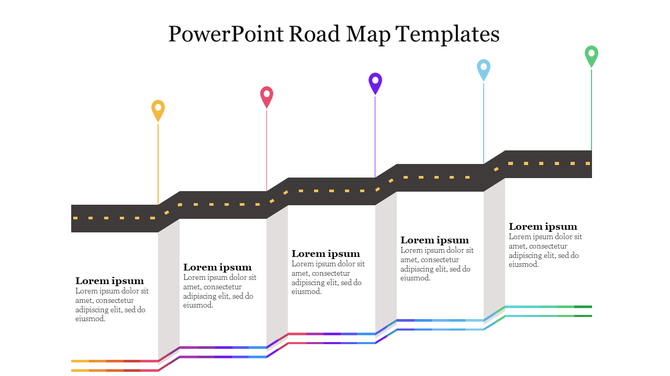 Stepped road design with five colorful location markers and text boxes below, representing different milestones.