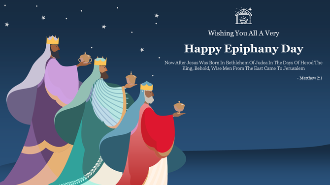 Epiphany-themed slide showing the three kings in colorful robes bearing gifts, set against a dark blue sky with stars.