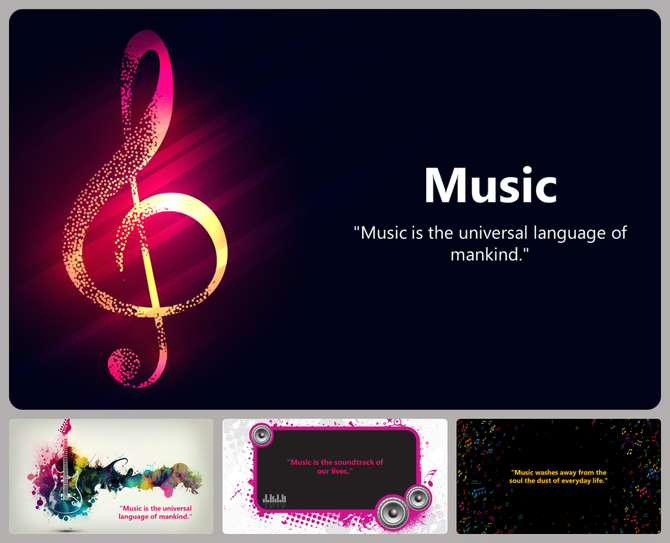 Colorful music themed background slides featuring various designs and inspirational quotes about music.