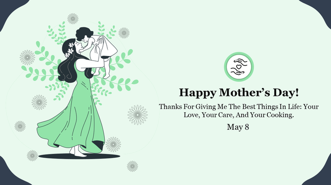 Mother's Day greeting with an illustration of a mother and child, surrounded by flowers and a message of love and gratitude.