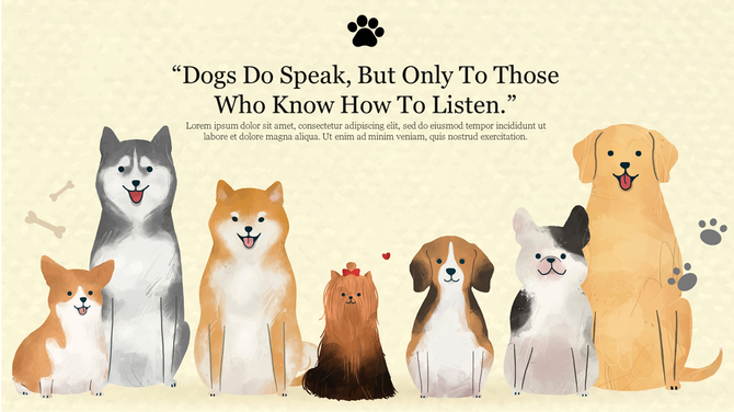 Background image with multiple cartoon dogs and a heartwarming quote set against a beige backdrop with paw prints.
