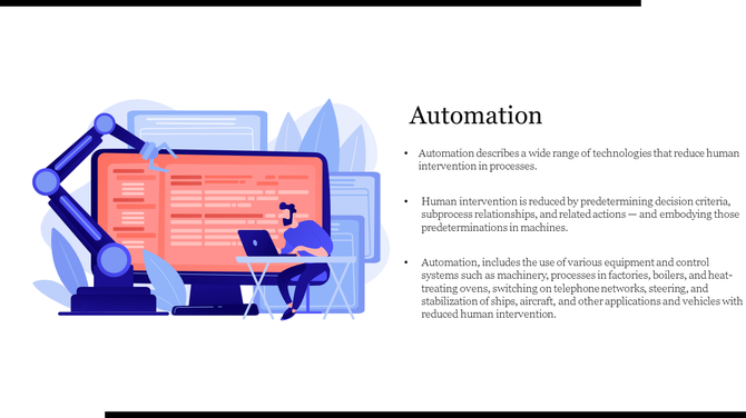 Slide on automation featuring a robotic arm and a person working on a computer, describing automation technologies.