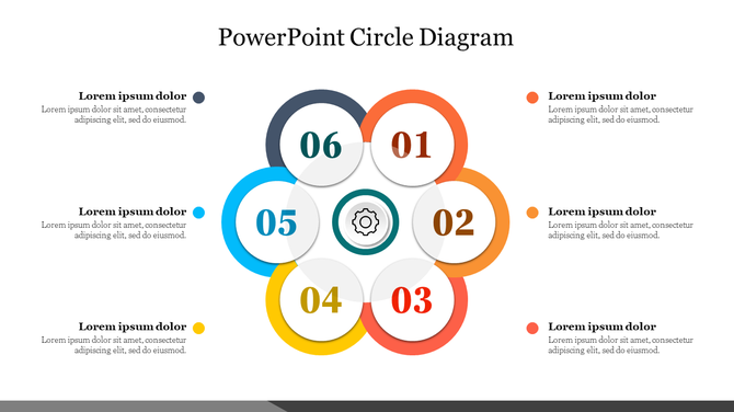 Slide featuring six colorful circles in red, orange, pink, yellow, blue, and gray, arranged around a central gear icon.