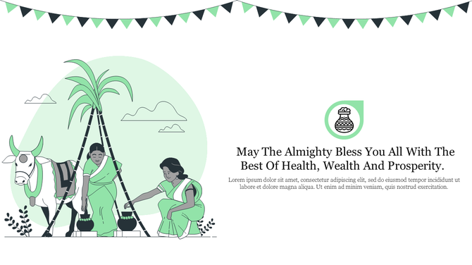 A festive Pongal PowerPoint slide with two women celebrating, a cow, and a traditional offering, accompanied by a text.