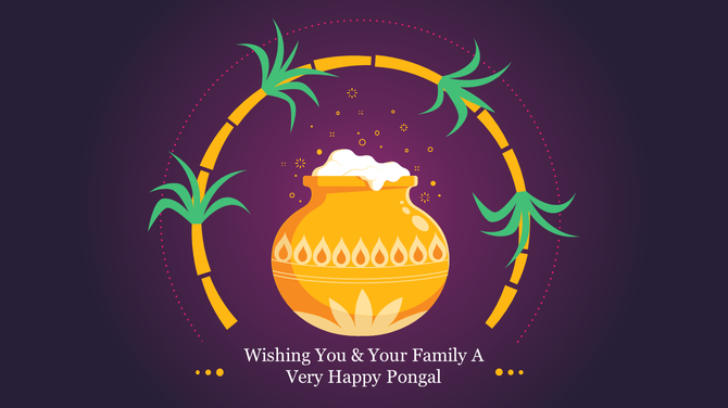 Happy pongal visual with a decorated pot of milk, sugarcane illustrations, and festive accents against a purple background.