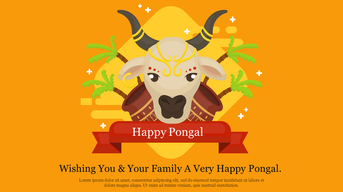 Template with a festive Pongal bull head illustration, sugarcane accents, and a warm yellow background with greetings text.