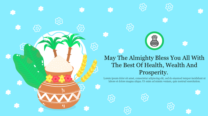 Festive Pongal graphic showcasing a rice filled pot, flanked by sugarcane and banana leaves, on a blue background.