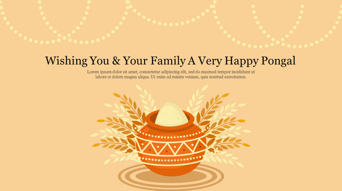 Happy Pongal card with a harvest pot and golden wheat illustration on a warm-toned background.