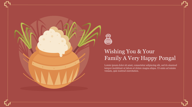 Pongal greeting card with a clay pot of rice, sugarcane, and a red background with decorative borders.