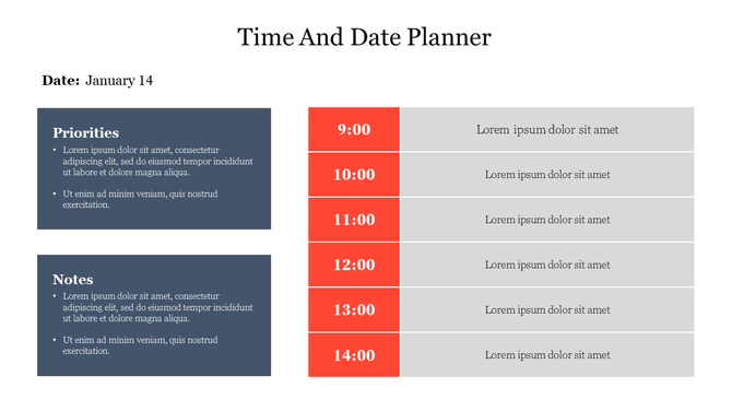 A time and date planner layout with prioritized tasks and notes for each hour from 9.00 AM to 2.00 PM with placeholder text.