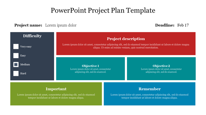 Project plan layout with difficulty scale on the left, red project description box, and teal objective sections in the center.