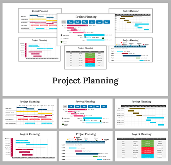 Collection of project planning slides with Gantt charts and timelines, using different colors to represent task durations.