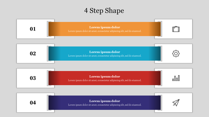 Four horizontal steps with gradient bars in orange, blue, red, and purple, numbered 01 to 04 with icons on the right.
