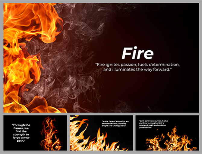 A pack of slides featuring a fire background with flames and text descriptions.