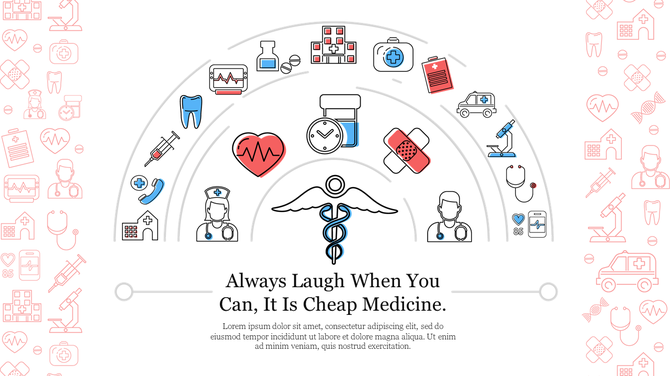 Semi-circular arc of colorful medical icons above a caduceus symbol, with centered text below, on a white background.