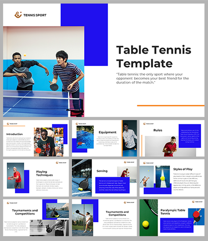 Slide deck featuring a man mid-play in a table tennis match, with text about the sport on the left side of the image.