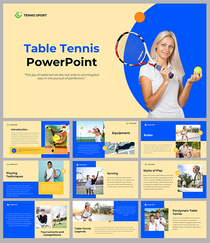 Slide deck template for table tennis presentations, with sections on rules, techniques, serving, and paralympic table tennis.