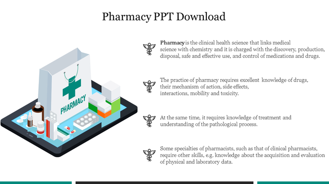 A pharmacy theme, showing an illustration of a pharmacy bag and medications on a tablet, with an informational text.